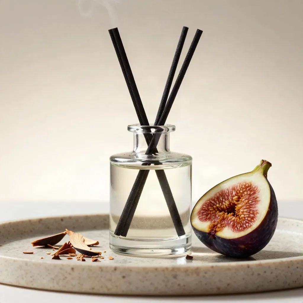 Clear glass reed diffuser with fig and cedar on travertine, softly lit with steam haze.