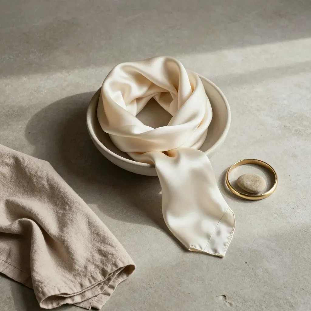 Ivory silk scarf loops around a ceramic bowl with bangle, linen and pebble on pale concrete.