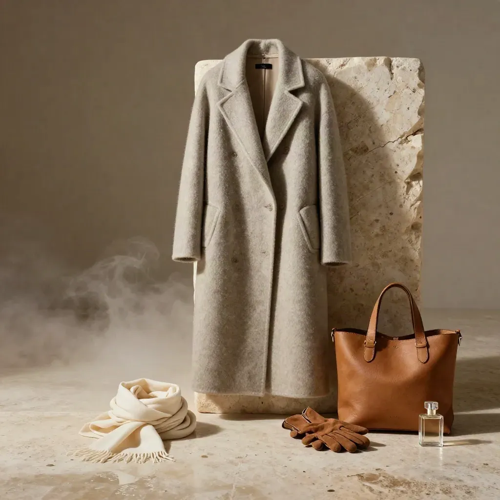 Camel wrap coat on limestone block with scarf, tote, gloves and fragrance in morning fog