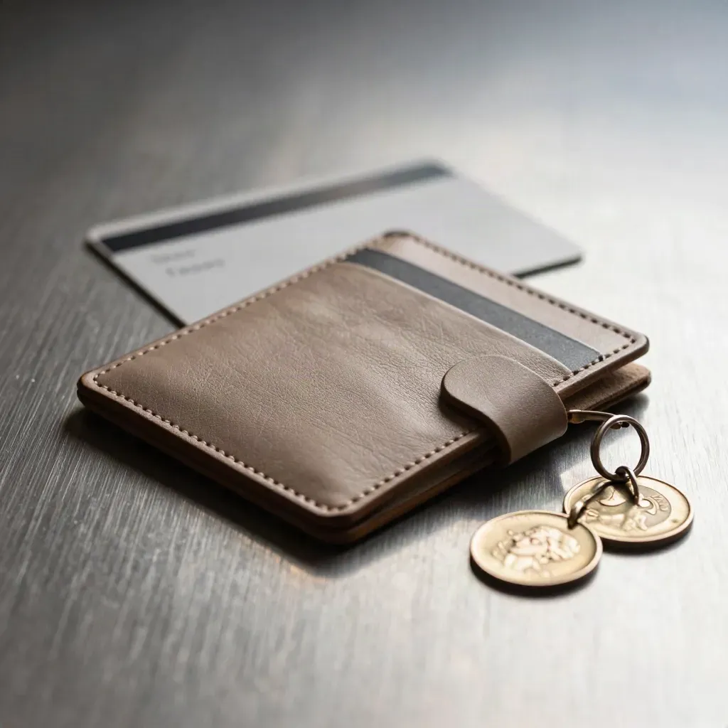 Theo leather card holder with brass ring, coin and suede tab on brushed steel