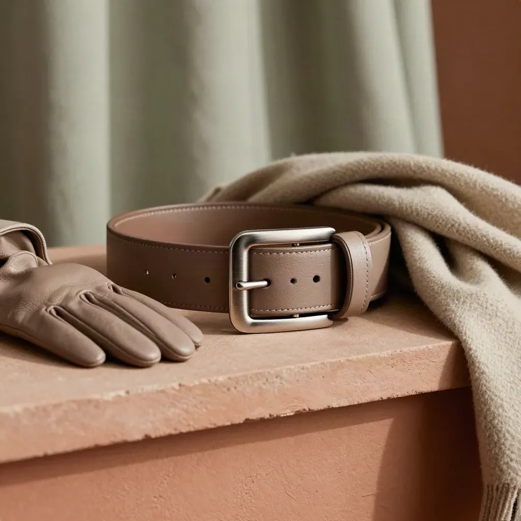 Taupe leather belt with brushed-metal buckle beside gloves, coat cuff, and folded scarf on terracotta ledge