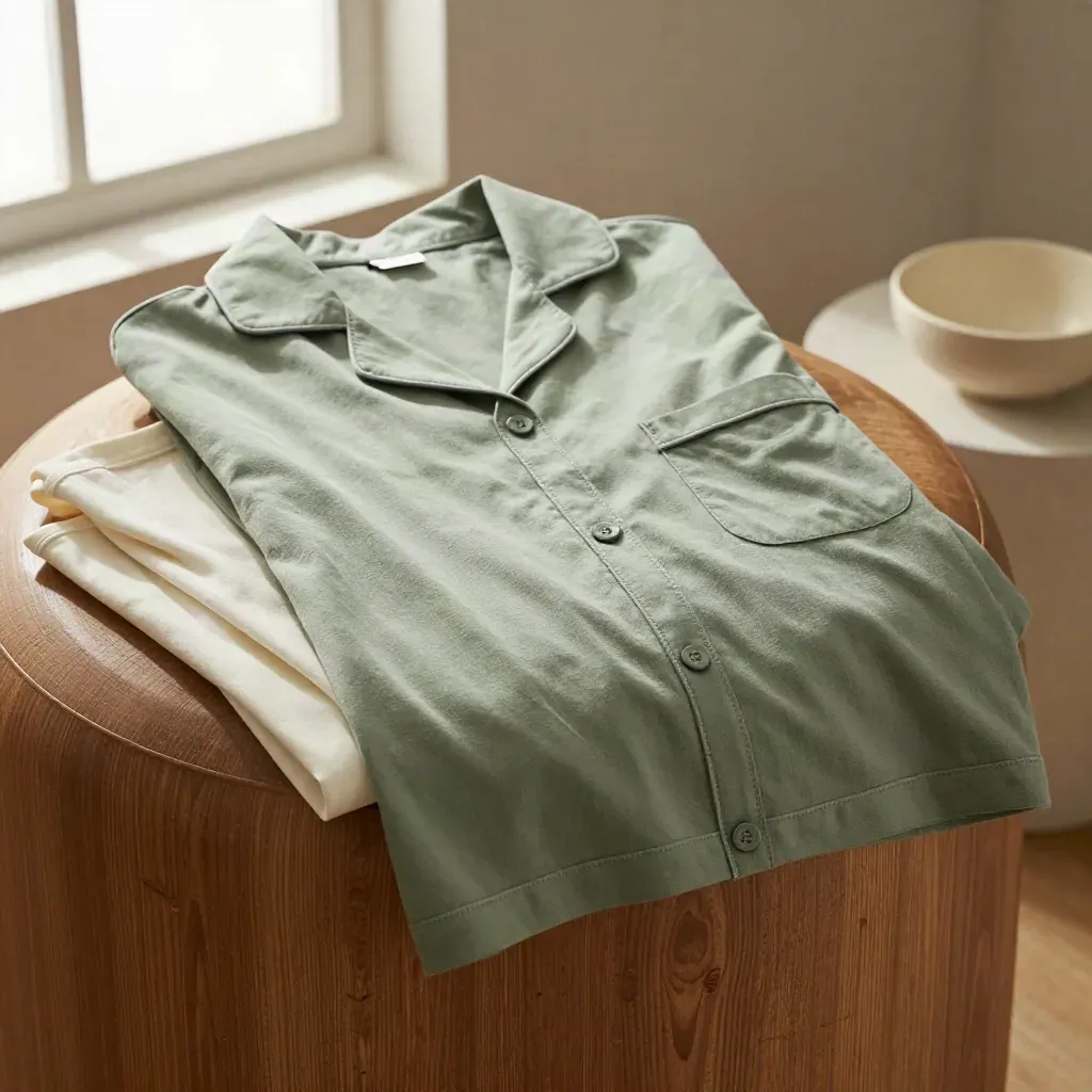 Sage cotton shirt hem draped over oak with ivory undershirt and ceramic bowl