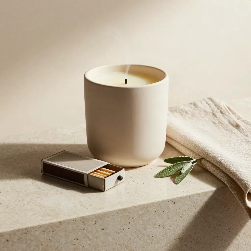 Stoneware candle hero with matchbox, linen napkin and sage sprig on travertine.