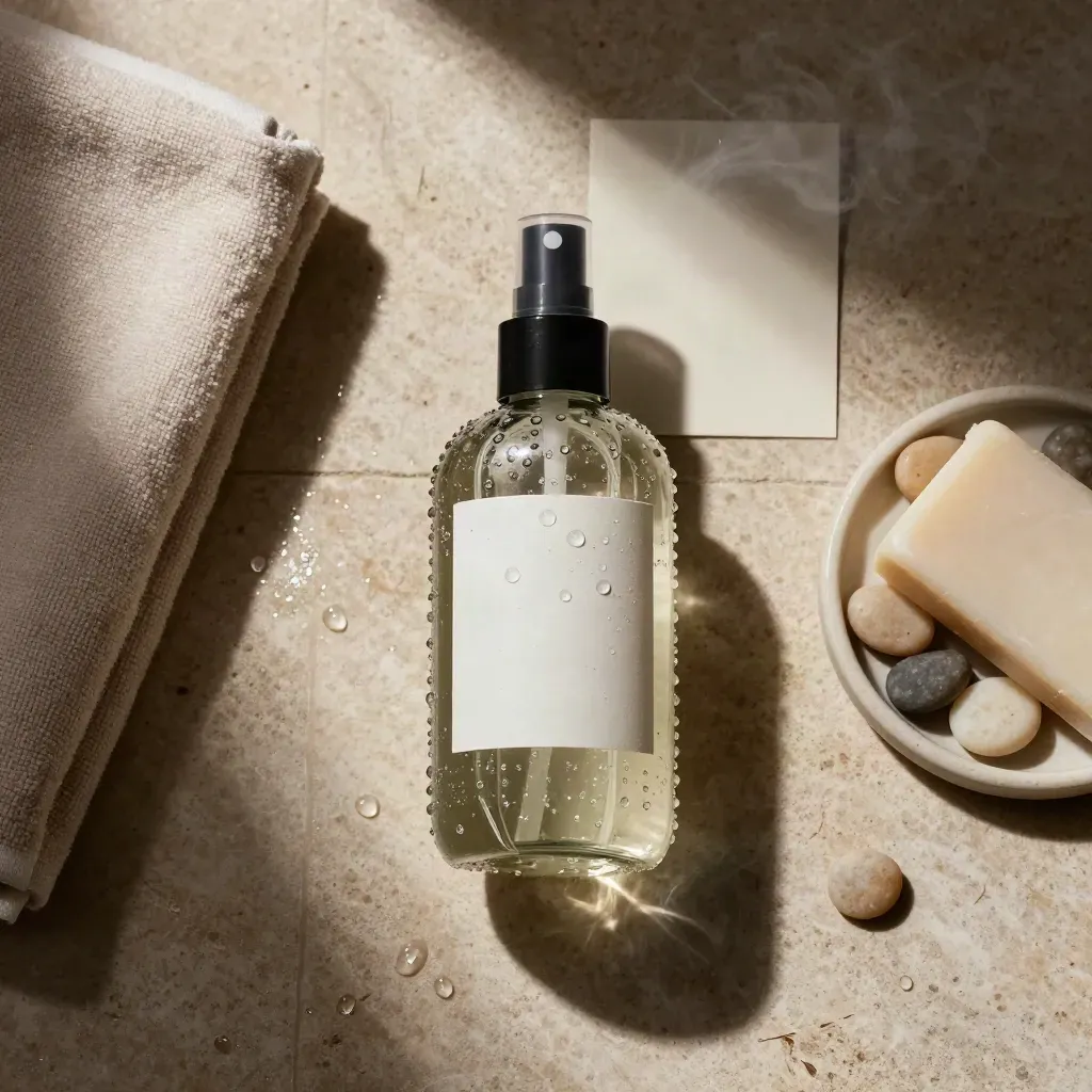 Beaded shower mist bottle with towel, soap bar, pebble tray and soft steam on stone.