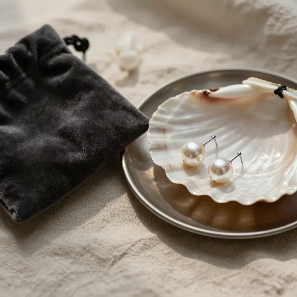 Pearl stud earrings on linen with velvet pouch, shell tray and metal dish in soft overhead light.