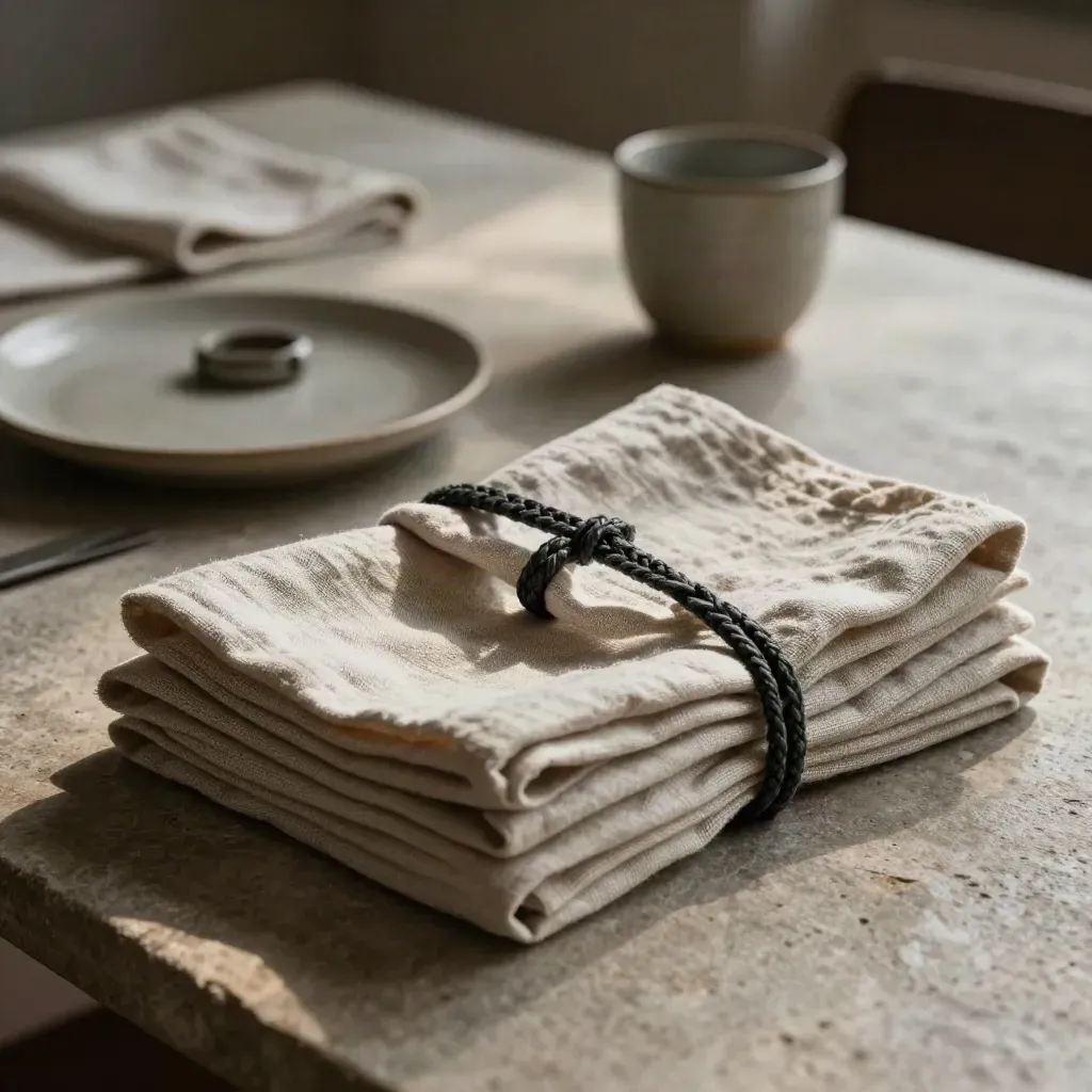 Stacked Eli linen napkins with a ceramic ring and stone plate on a sunlit table.