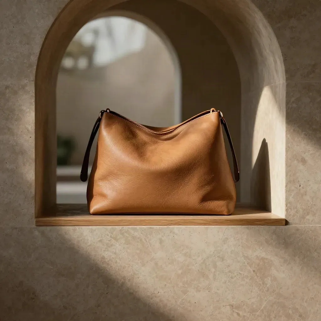 Travertine handbag niche with stacked leather forms, oak ledge, and soft archway light